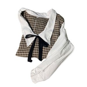 Cute sweater vest & blouse 2 in 1, houndstooth pattern brown & white w necktie